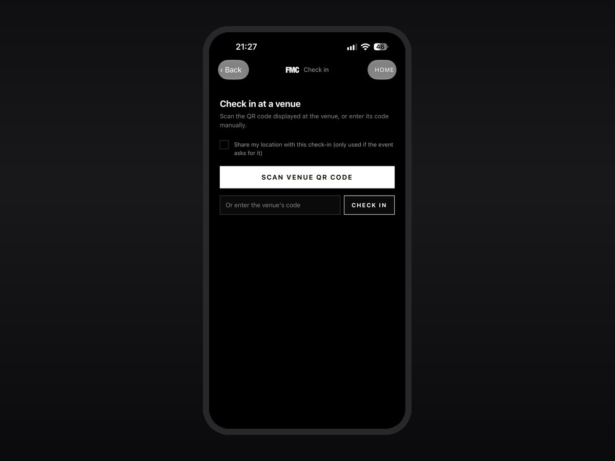 The Member card and check-in screen in the FMC app